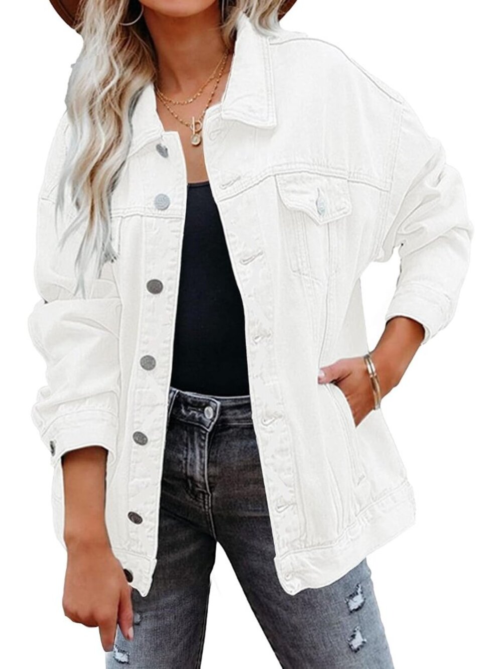 Women's White Casual Loose Oversized Denim Jacket Long Sleeved Button Jacket